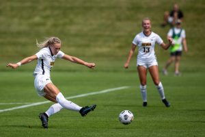 Iowa midfielder Hailey Rydberg scores a goal during a soccer game between Iowa and South Dakota on Aug. 7, 2021, at the Iowa Soccer Complex. The Hawkeyes defeated the Coyotes, 3-0.