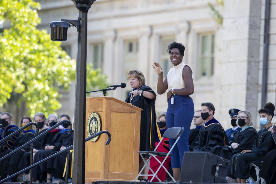 University of Iowa’s President Barbara Wilson speaks at the annual Convocation for first-year students at the Pentacrest on Sunday, Aug. 22, 2021. 