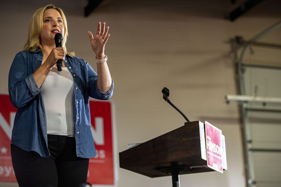 U.S. Rep. Ashley Hinson (R-Iowa) speaks to a crowd on Saturday, Aug. 28, 2021 at Ashley Hinson’s BBQ Bash at Linn County Fairgrounds. Hinson talked about the Iowa practicality she brings to Washington D.C. 