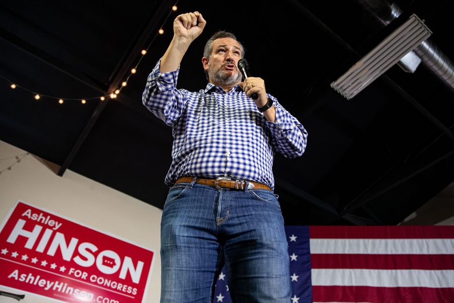 U.S. Sen. Ted Cruz (R-Texas) speaks to a crowd on Saturday, Aug. 28, 2021 at Ashley Hinson’s BBQ Bash at Linn County Fairgrounds. In the U.S. House of Representatives for Iowa, three out of four are Republican and Cruz hopes all four will be Republican for 2022. 