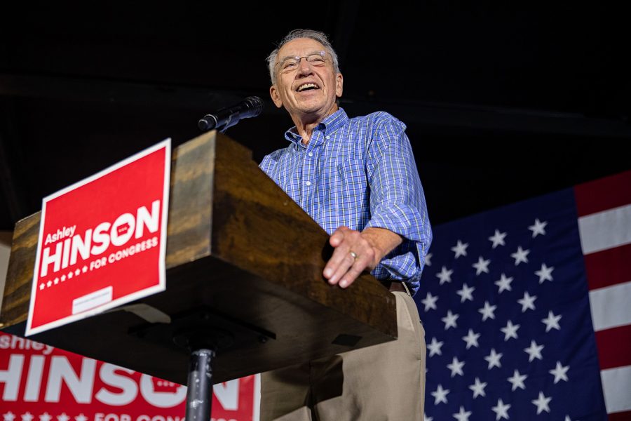 U.S.+Sen.+Chuck+Grassley+%28R-Iowa%29+speaks+to+a+crowd+on+Saturday%2C+Aug.+28%2C+2021+at+Ashley+Hinson%E2%80%99s+BBQ+Bash+at+Linn+County+Fairgrounds.+Grassley+acknowledged+the+work+that+Hinson+has+done.+