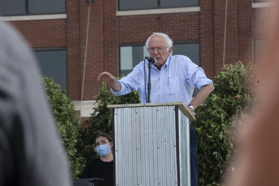 Sen. Bernie Sanders speaks at a town hall at Newbo City Market Bankers Trust Stage in Cedar Rapids, IA on Sunday, August 29, 2021. Sanders addressed childcare, climate change, coronavirus, and the $3.5 trillion Democratic budget plan, among other talking points.