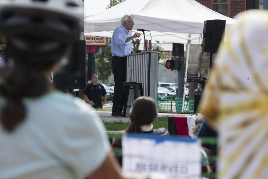 Sen. Bernie Sanders speaks at a town hall at Newbo City Market Bankers Trust Stage in Cedar Rapids, IA on Sunday, August 29, 2021. Sanders addressed childcare, climate change, coronavirus, and the $3.5 trillion Democratic budget plan, among other talking points.