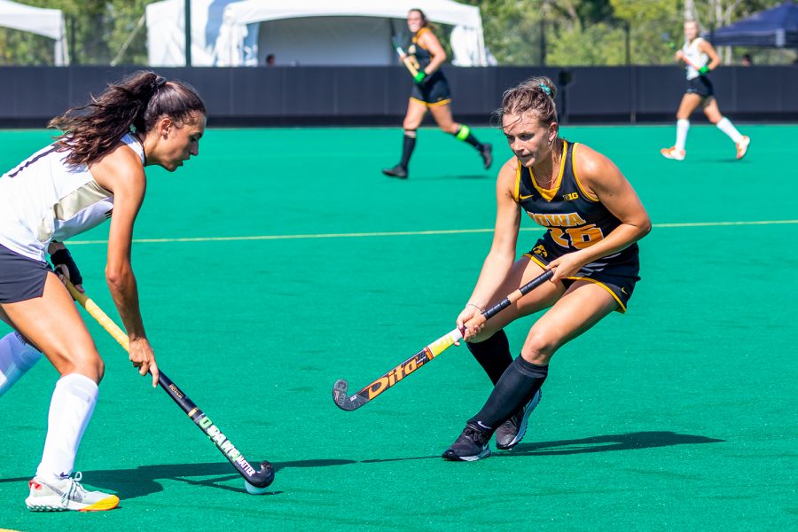 Iowa forward/midfielder Maddy Murphy tries to get position of the ball during the Iowa Field Hockey Big Ten/ACC Challenge game against Wake Forest on Aug. 27, 2021 at Grant Field. Iowa defeated Wake Forest 5-3. 
