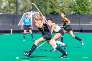 Iowa midfielder/forward Ellie Holley attempts to score a goal during the Iowa Field Hockey Big Ten/ACC Challenge game against Wake Forest on Aug. 27, 2021 at Grant Field. Iowa defeated Wake Forest 5-3. 