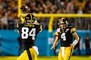 Iowa tight end Sam LaPorta receives a pass during the 2019 SDCCU Holiday Bowl between Iowa and USC in San Diego on Friday, Dec. 27, 2019. The Hawkeyes defeated the Trojans, 49-24.
