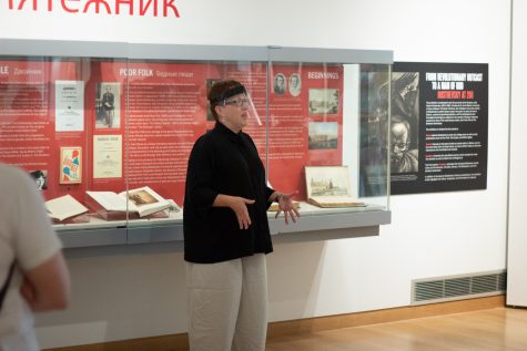 University of Iowa professor Dr. Anna Barker guides visitors through famed Russian author Fyodor Dostoevsky’s life at the University of Iowa Main Library Saturday, Aug. 28, 2021. 