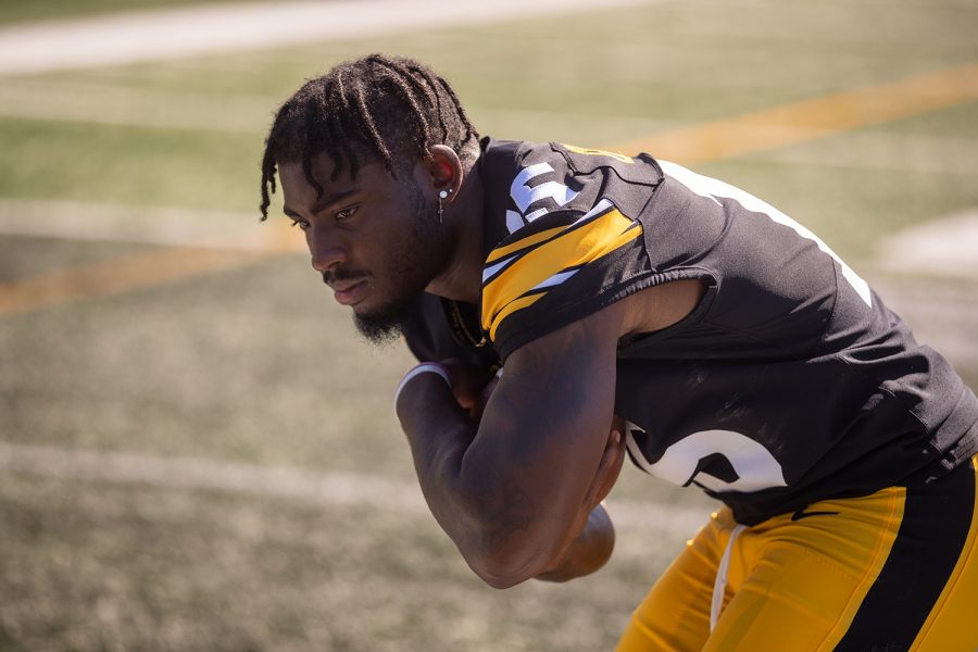 Tyler Goodson poses for a portrait during Iowa football media day at the teams practice field on Aug. 3, 2021.