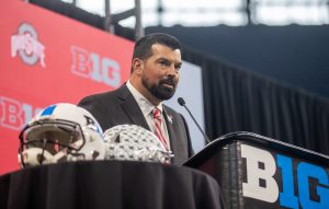 Ohio State head coach Ryan Day speaks with reporters during day two of Big Ten Media Days at Lucas Oil Stadium in Indianapolis, Indiana, on Friday, July 23. 