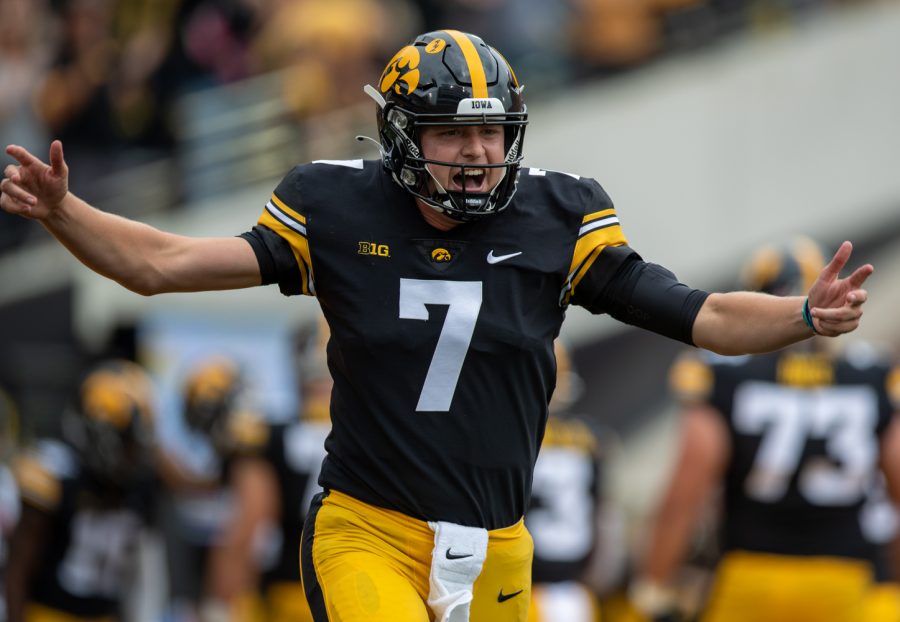 Iowa+quarterback+Spencer+Petras+celebrates+a+touchdown+from+running+back+Tyler+Goodson+during+a+football+game+between+No.+18+Iowa+and+No.+17+Indiana+at+Kinnick+Stadium+on+Saturday%2C+Sept.+4%2C+2021.+The+Hawkeyes+defeated+the+Hoosiers+34-6.+