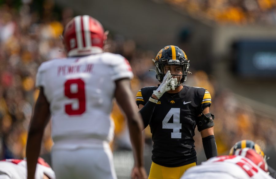 Iowa defensive back Dane Belton reads the Indiana offense during a football game between No. 18 Iowa and No. 17 Indiana at Kinnick Stadium on Saturday, Sept. 4, 2021. The Hawkeyes defeated the Hoosiers 34-6. (Jerod Ringwald/The Daily Iowan)