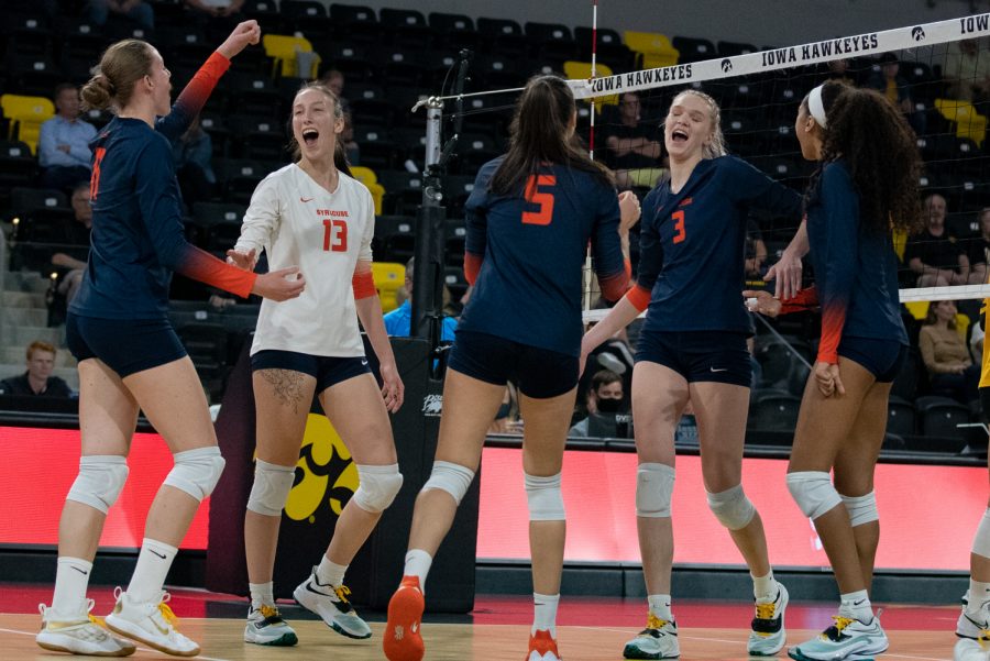 Syracuse celebrates after earning a point at the Xtreme Arena on Thursday, Sept. 9, 2021. Syracuse goes on to defeat Iowa 3-1 (Larry Phan/The Daily Iowan)