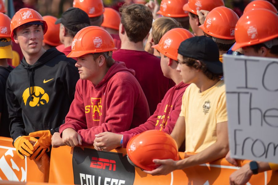 Iowa and Iowa state fans wear Home Depot helmets during ESPN College GameDay in Ames on Sept. 11, 2021. (Jerod Ringwald/Freelance)