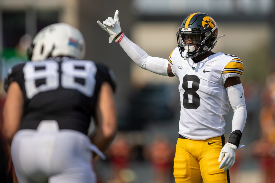 Iowa+defensive+back+Matt+Hankins+gets+set+before+a+play+during+a+football+game+between+No.+10+Iowa+and+No.+9+Iowa+State+at+Jack+Trice+Stadium+in+Ames+on+Saturday%2C+Sept.+11%2C+2021.+The+Hawkeyes+defeated+the+Cyclones+27-17.+