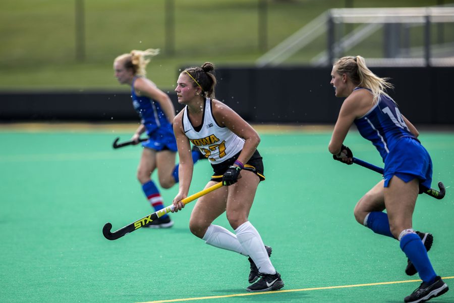 Iowa midfielder Jacey Wittel looks for a pass during the Iowa field hockey game against Saint Louis University on Sunday, Sept. 12, 2021, at Grant Field. The Hawkeyes defeated the Billikens 10-0.