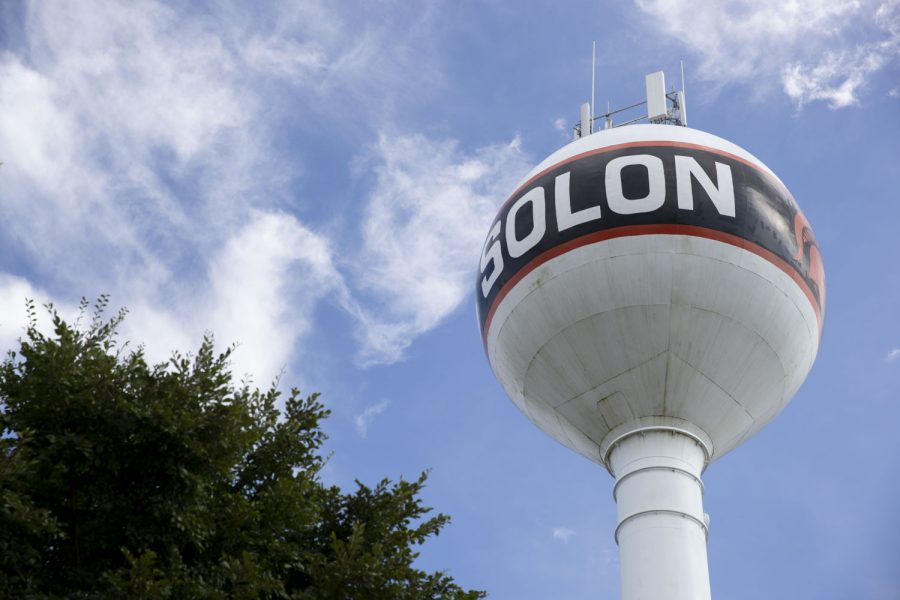 The Solon water tower is seen on Wednesday Aug. 25, 2021, in Solon, Iowa. 