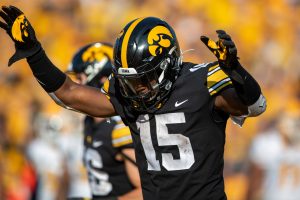 Iowa running back Tyler Goodson celebrates a touchdown during a football game between Iowa and Kent State at Kinnick Stadium on Saturday, Sept. 18, 2021. The Hawkeyes defeated the Golden Flashes 30-7. 