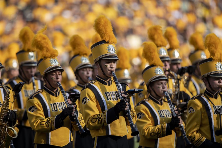 The Iowa marching band performs during halftime of a football game between Iowa and Kent State at Kinnick Stadium on Saturday, Sept. 18, 2021. The Hawkeyes defeated the Golden Flashes with a score of 30-7. 