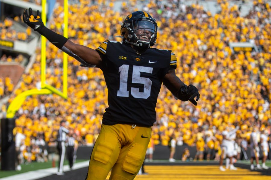 Iowa running back Tyler Goodson pumps up the crowd after a touchdown during a football game between Iowa and Kent State at Kinnick Stadium on Saturday, Sept. 18, 2021. The Hawkeyes defeated the Golden Flashes with a score of 30-7.
