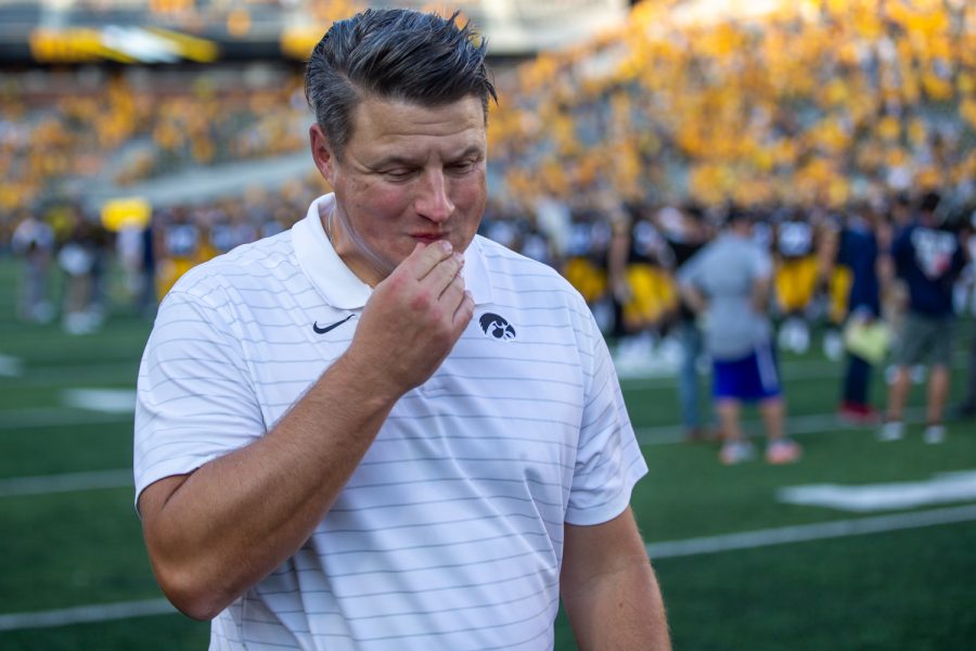 Iowa offensive coordinator Brian Ferentz walks off the field after a football game between Iowa and Kent State at Kinnick Stadium on Saturday, Sept. 18, 2021. The Hawkeyes defeated the Golden Flashes 30-7. (Jerod Ringwald/The Daily Iowan)