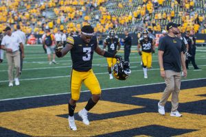 Iowa wide receiver Tyrone Tracy Jr. jogs off the field during a football game between Iowa and Kent State at Kinnick Stadium on Saturday, Sept. 18, 2021. The Hawkeyes defeated the Golden Flashes 30-7. (Jerod Ringwald/The Daily Iowan)