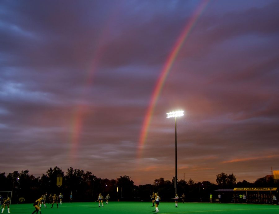 A double rainbow appeared over Grant Field during the Iowa Field Hockey game against Penn State on Friday, Sept. 24, 2021. Iowa defeated Penn State 1-0.
