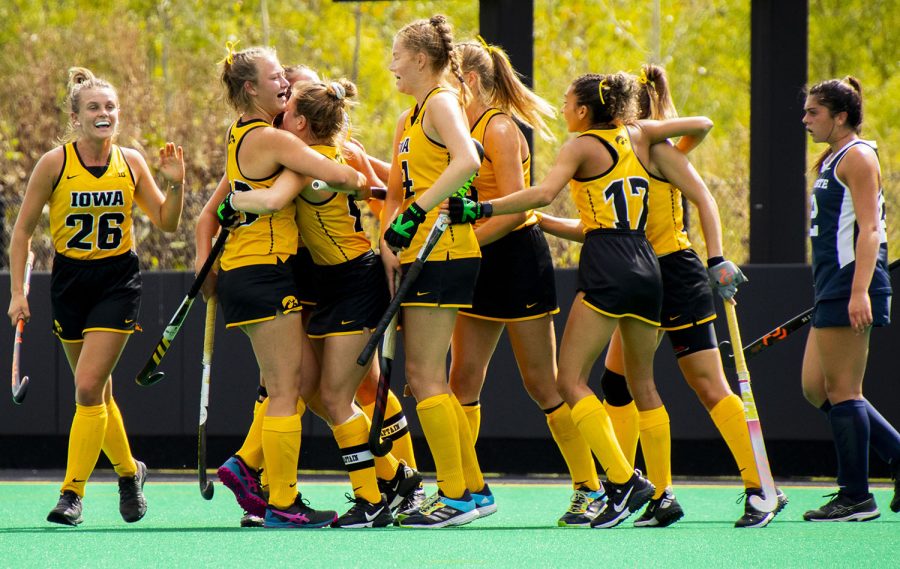 Iowa celebrates a goal during the first quarter of a field hockey game between Iowa and Penn State on Sunday, Sept. 26, 2021, at Grant Field. The Hawkeyes defeated the Nittany Lions 4-0.