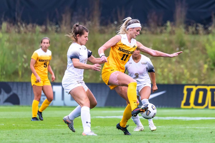 Iowa forward Alyssa Walker gains possession of the ball during the Iowa Soccer game against Purdue-Fort Wayne on Sep. 2, 2021 at the Iowa Soccer Complex. Iowa defeated Purdue-Fort Wayne 5-0. 