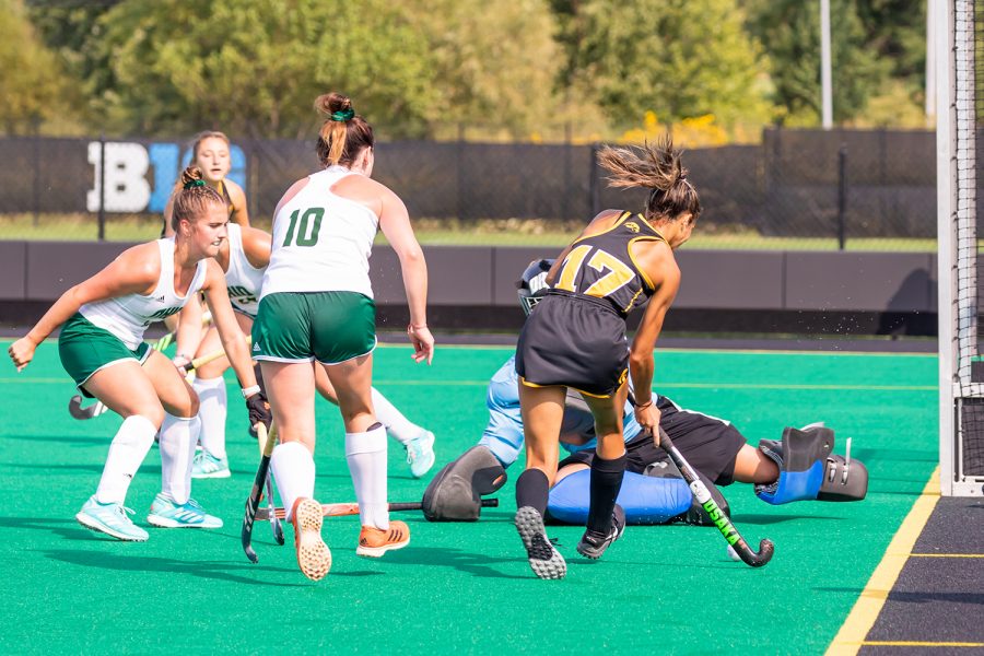 Iowa forward Ciara Smith attempts to score a goal during the Iowa Field Hockey game against Ohio University on Sep. 10, 2021 at Grant Field. Iowa defeated Ohio 8-0. (Casey Stone/The Daily Iowan)
