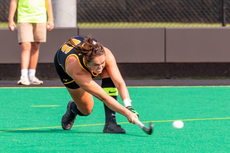 Iowa defender Anthe Nijziel takes a shot on goal during the Iowa Field Hockey game against Ohio University on Sep. 10, 2021 at Grant Field. Iowa defeated Ohio 8-0. (Casey Stone/The Daily Iowan)