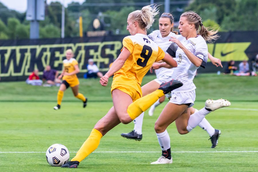 Iowa defender Samantha Cary kicks the ball during the Iowa Soccer game against Purdue-Fort Wayne on Sep. 2, 2021 at the Iowa Soccer Complex. Iowa defeated Purdue-Fort Wayne 5-0. 
