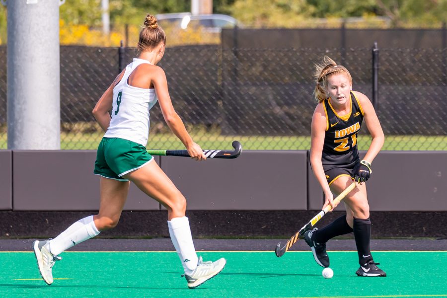 Iowa forward Makenna Maguire runs the ball down the field during the Iowa Field Hockey game against Ohio University on Sep. 10, 2021 at Grant Field. Iowa defeated Ohio 8-0. (Casey Stone/The Daily Iowan)