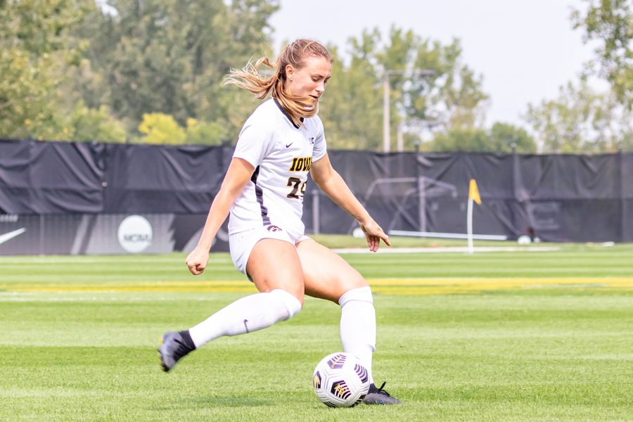 Iowa defender Sara Wheaton goes to kick the ball during the Iowa Soccer game against Southeast Missouri State on Sep. 12, 2021 at the Iowa Soccer Complex. Iowa defeated Southeast Missouri 2-0. 