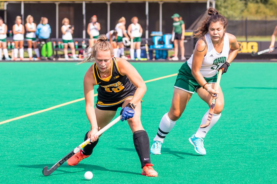 Iowa midfielder/defender Lieve Schalk goes to pass the ball during the Iowa Field Hockey game against Ohio University on Sep. 10, 2021 at Grant Field. Iowa defeated Ohio 8-0. (Casey Stone/The Daily Iowan)