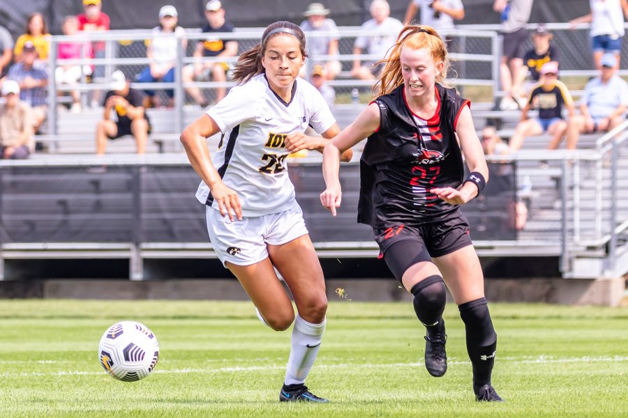 Iowa midfielder Alyssa Kellar runs after the ball in attempt to gain possession during the Iowa Soccer game against Southeast Missouri State on Sep. 12, 2021 at the Iowa Soccer Complex. Iowa defeated Southeast Missouri 2-0. 