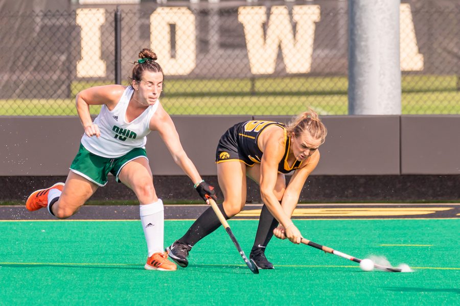 Iowa forward/mildfielder Maddy Murphy takes a shot on goal during the Iowa Field Hockey game against Ohio University on Sep. 10, 2021 at Grant Field. Iowa defeated Ohio 8-0. (Casey Stone/The Daily Iowan)