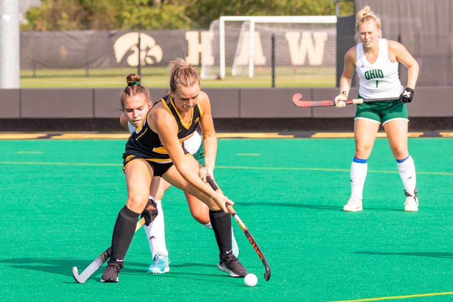 Iowa forward/mildfielder Maddy Murphy maintains possession of the ball during the Iowa Field Hockey game against Ohio University on Sep. 10, 2021 at Grant Field. Iowa defeated Ohio 8-0. (Casey Stone/The Daily Iowan)