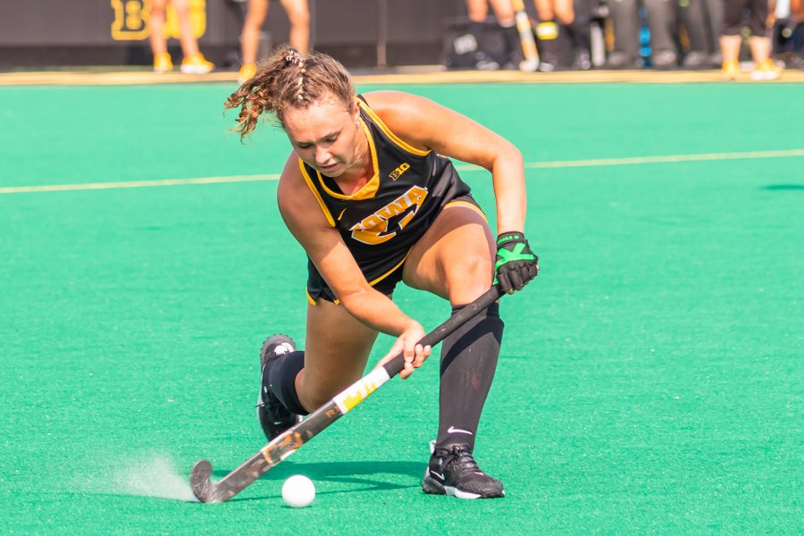Iowa defender Harper Dunne goes to pass the ball down the field during the Iowa Field Hockey game against Ohio University on Sep. 10, 2021 at Grant Field. Iowa defeated Ohio 8-0. 