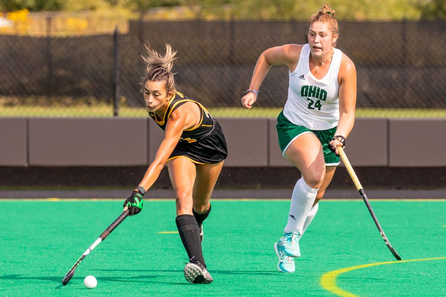 Iowa forward Ciara Smith maintains possession of the ball during the Iowa Field Hockey game against Ohio University on Sep. 10, 2021 at Grant Field. Iowa defeated Ohio 8-0. 