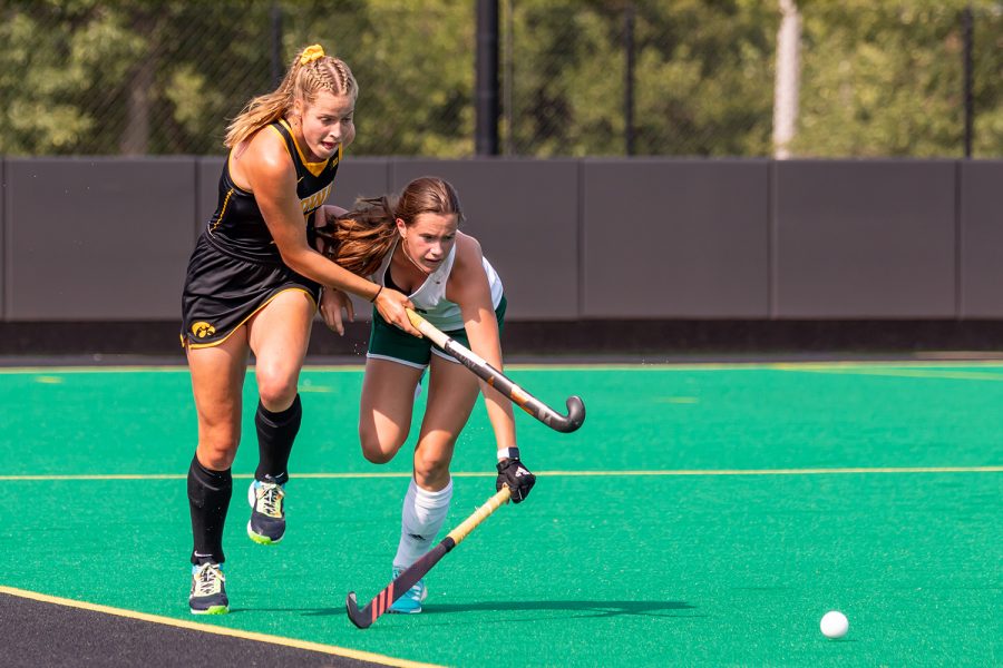 Iowa midfielder/forward Sofie Stribos passes the ball during the Iowa Field Hockey game against Ohio University on Sep. 10, 2021 at Grant Field. Iowa defeated Ohio 8-0. (Casey Stone/The Daily Iowan)