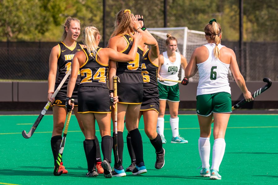 The Iowa Hawkeyes celebrate a goal during the Iowa Field Hockey game against Ohio University on Sep. 10, 2021 at Grant Field. Iowa defeated Ohio 8-0. (Casey Stone/The Daily Iowan)