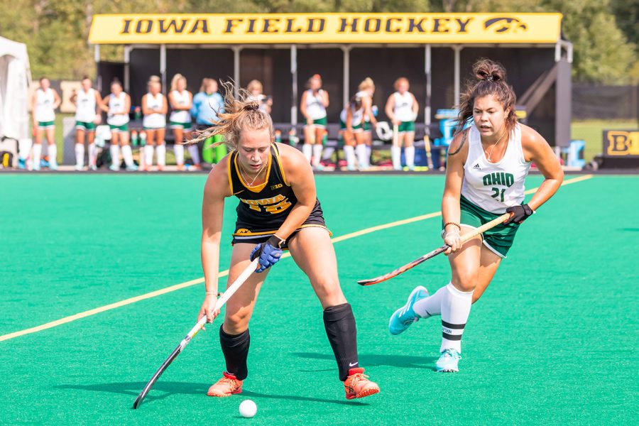 Iowa midfielder/defender Lieve Schalk goes to pass the ball during the Iowa Field Hockey game against Ohio University on Sep. 10, 2021 at Grant Field. Iowa defeated Ohio 8-0. (Casey Stone/The Daily Iowan)