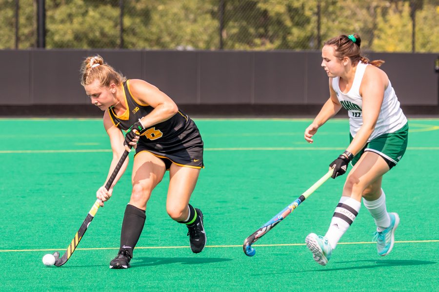 Iowa defender Anthe Nijziel runs the ball down the field during the Iowa Field Hockey game against Ohio University on Sep. 10, 2021 at Grant Field. Iowa defeated Ohio 8-0. (Casey Stone/The Daily Iowan)