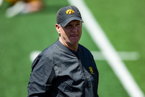 Iowa defensive coordinator Phil Parker watches a drill during a spring practice at Kinnick Stadium on Saturday, May 1, 2021. 