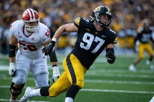 Iowa defensive linemen Zach VanValkenburg rushes the passer during a football game between No. 18 Iowa and No. 17 Indiana at Kinnick Stadium on Saturday, Sept. 4, 2021. The Hawkeyes defeated the Hoosiers 34-6. (Ayrton Breckenridge/The Daily Iowan)