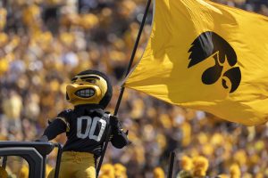 Herky enters the field before a football game between Iowa and Kent State at Kinnick Stadium on Saturday, Sept. 18, 2021. 