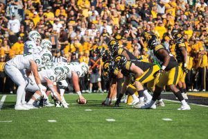 Iowas defense lines up against Colorado States offense during a football game between Iowa and Colorado State at Kinnick Stadium on Saturday, Sept. 25, 2021. The Hawkeyes defeated the Rams 24-14. 