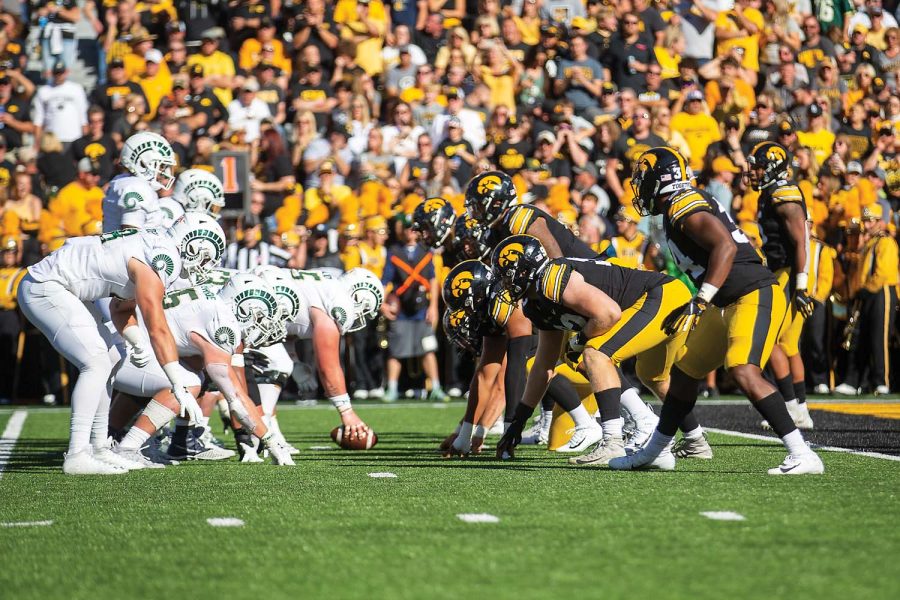 Iowas+defense+lines+up+against+Colorado+States+offense+during+a+football+game+between+Iowa+and+Colorado+State+at+Kinnick+Stadium+on+Saturday%2C+Sept.+25%2C+2021.+The+Hawkeyes+defeated+the+Rams+24-14.+
