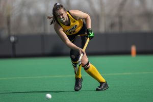 Iowa defender Anthe Nijziel passes the ball during a field hockey match between No. 6 Iowa and No. 22 Massachusetts at Grant Field in Iowa City on Sunday, Sept. 11, 2022. 
