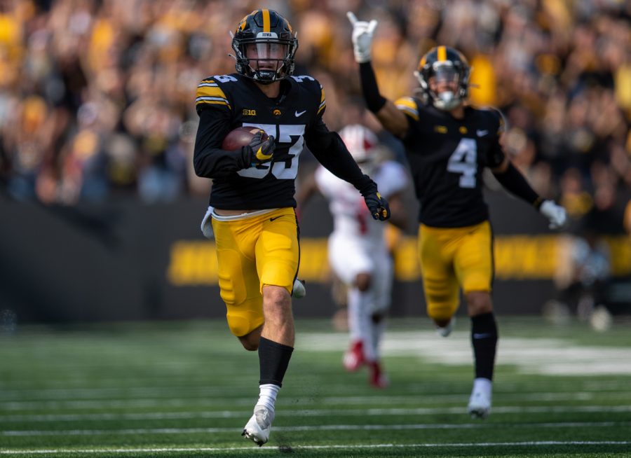 Iowa+defensive+back+Riley+Moss+returns+an+interception+for+his+second+pick+six+of+the+day+during+a+football+game+between+No.+18+Iowa+and+No.+17+Indiana+at+Kinnick+Stadium+on+Saturday%2C+Sept.+4%2C+2021.+